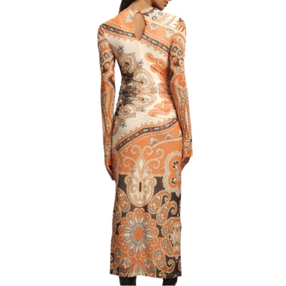 Farm Rio Long-Sleeve Mock-Neck Mesh Slim Midi Dress - Orange Bandana L - Picture 4 of 10